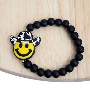 Hand Crafted Black Beaded Bracelet with Smiley Face Charm Approx Size 7"